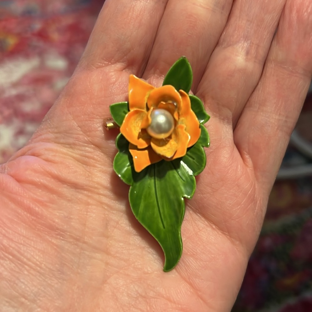 Vintage Brooch Pin Orange and Green Floral Leaf